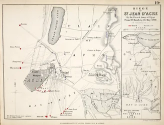 Mapa do cerco de St. Jean d&39;Acre, publicado por William Blackwood and Sons, Edimburgo e Londres, 1848 (gravura colorida à mão)